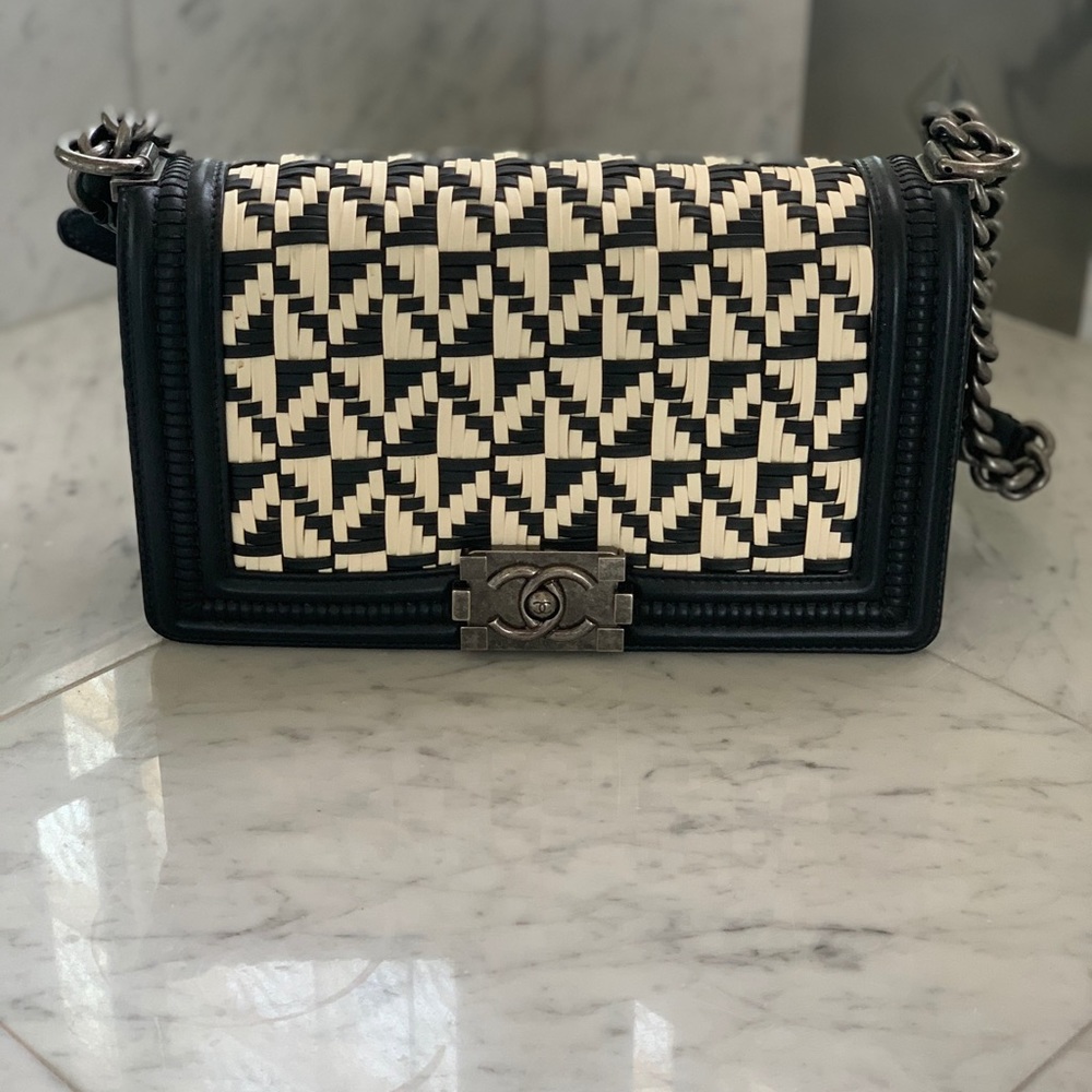 Chanel Black/White Woven Leather Medium Boy Bag